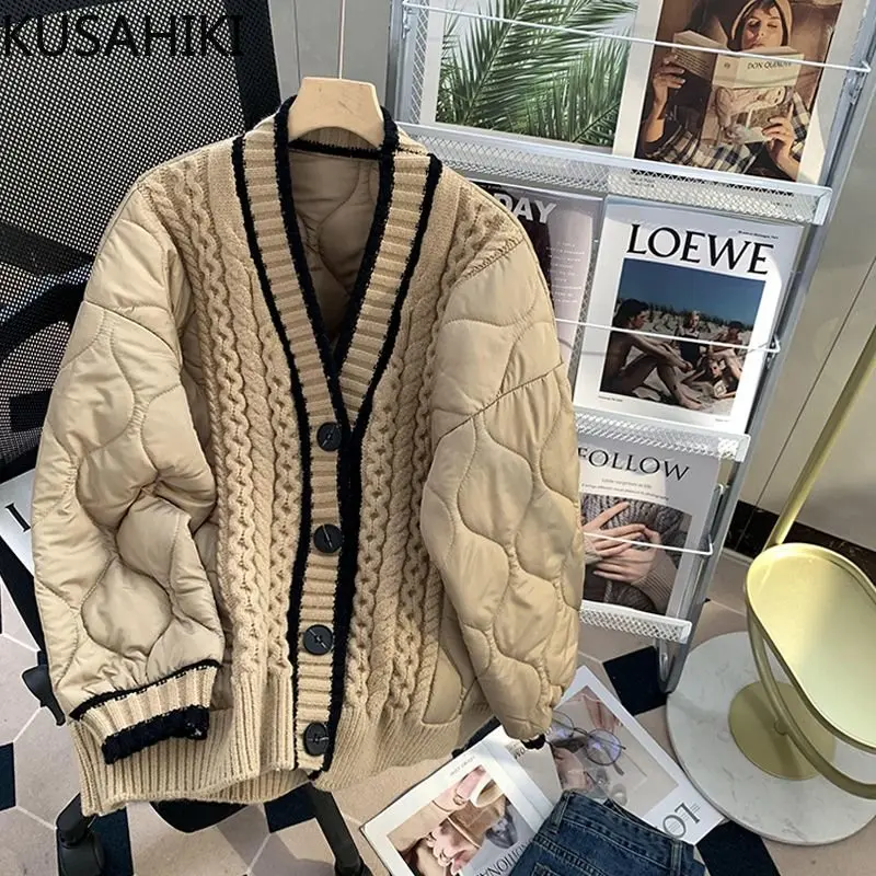 KUSAHIKI Knitted Patchwork Causal Women Parka Coat Korean Long Sleeve Single Breasted V-neck Jacket 2023 Autumn Winter Parkas