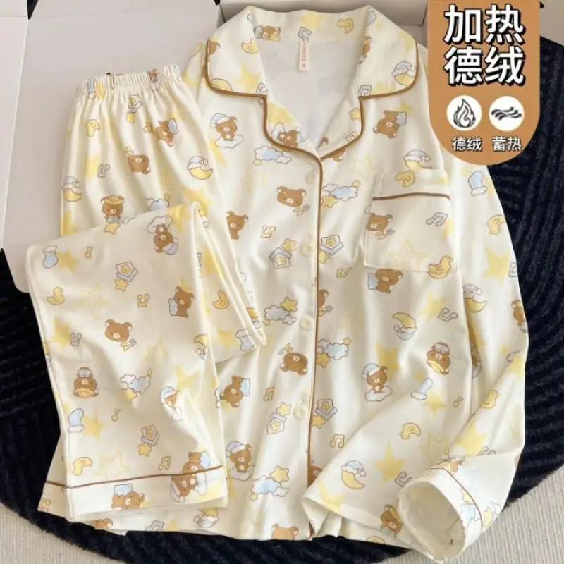 Kawaii Rilakkuma Women Thickened Pajamas Set Anime Cartoon Girls Autumn Winter Sweet Warm Cardigan Flannel Homewear Tops Pants