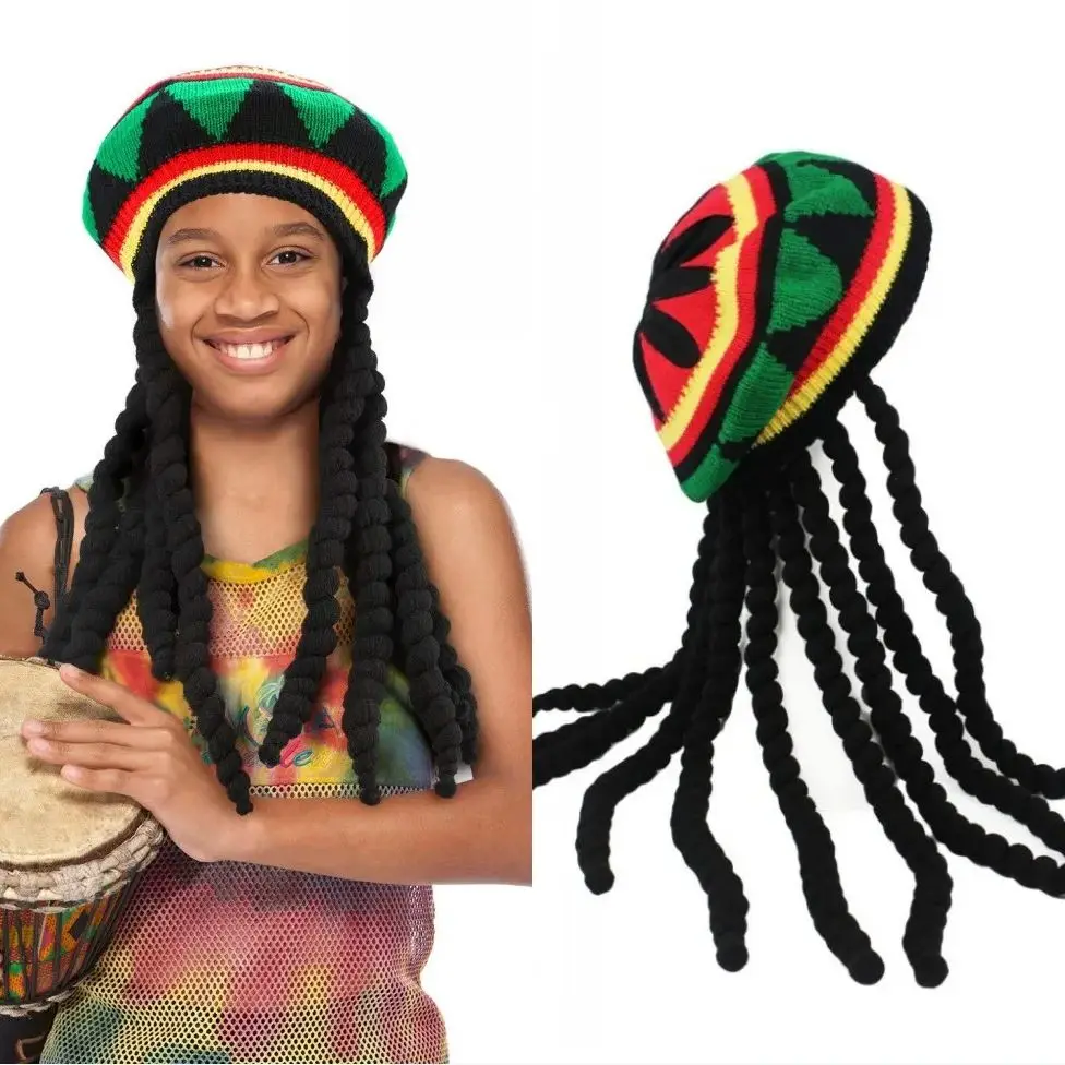 Unisex Synthetic Handmade Crochet Curls Braid Hat Jamaican Rasta Wig Cap Africa Dreadlocks Caribbean Pirate Hat Fancy Cosplay