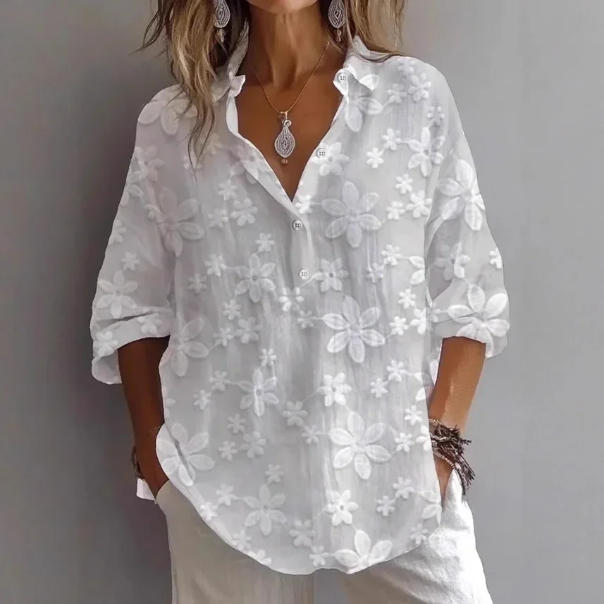 

Spring Summer New Loose Women's Shirt Pure Color Casual V-neck Button up Top Three Quarter White Jacquard Style Blouses Ladies