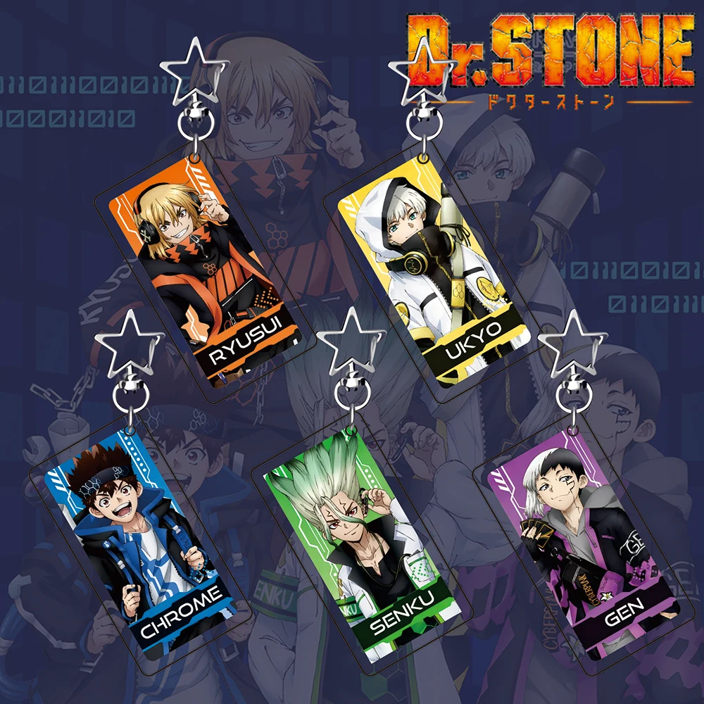 Dr. STONE Porte-clés en acrylique de style Cyberpunk – Senku, Gen, charme d'anime futuriste chromé, pendentif de sac, accessoire cadeau de collectionneur