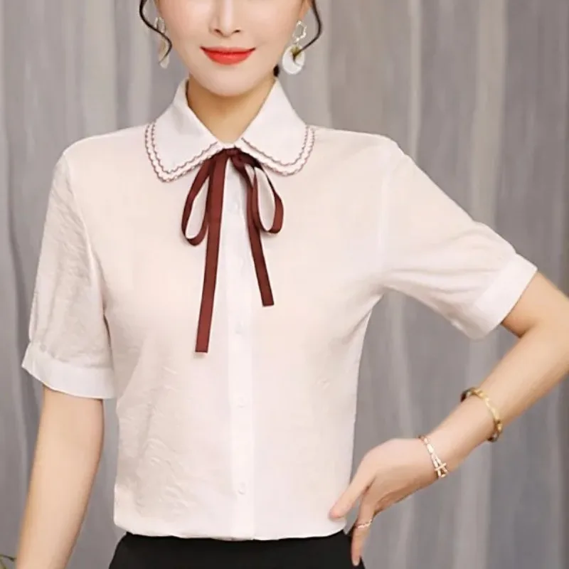 Summer Women's Button Turn-down Collar Short Sleeve Bandage Solid Color Striped Shirt Casual All-match Korean Drawstring Tops