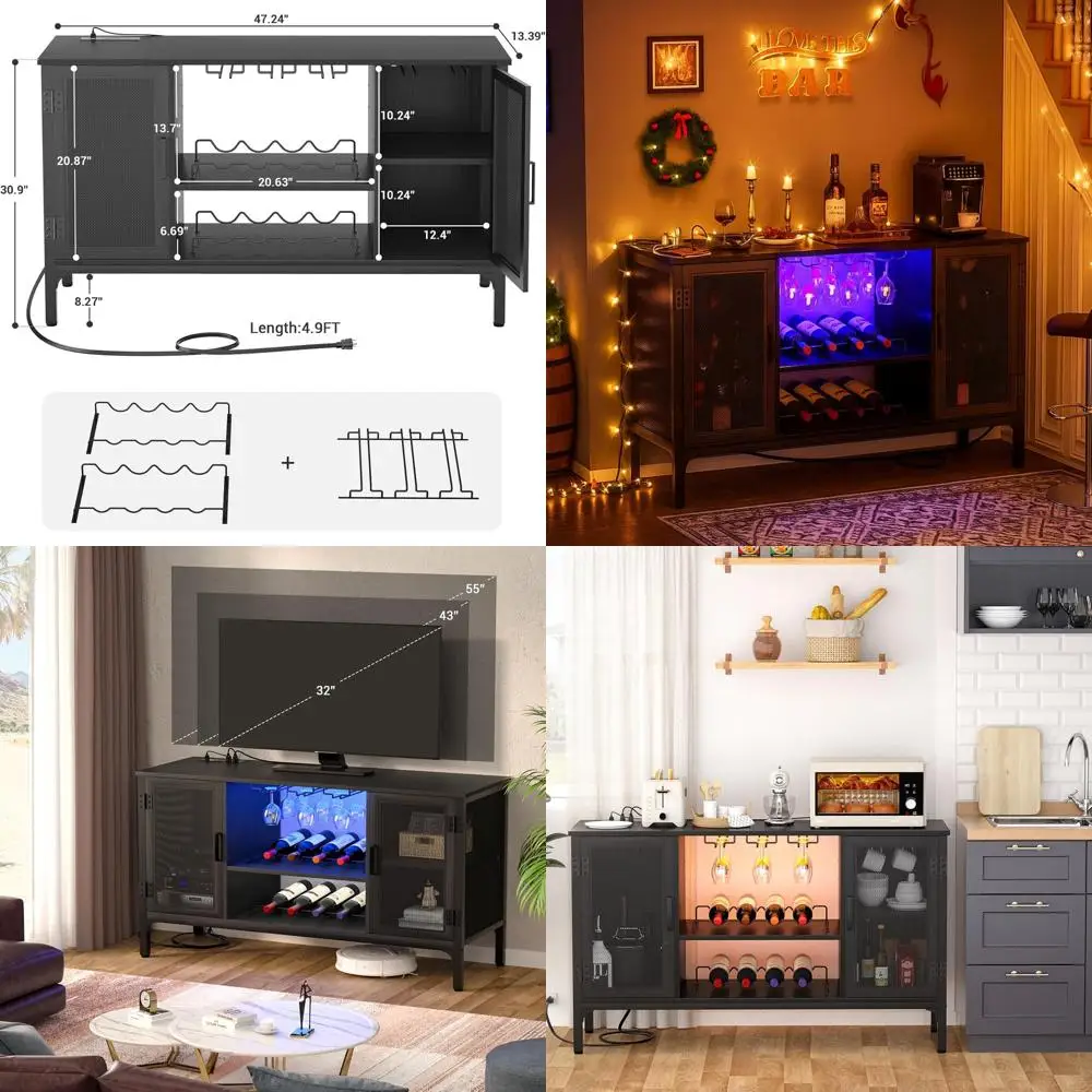 

Industrial-Style Wine and Liquor Cabinet with Power Outlets, LED Lights, and Adjustable Racks, Suitable for Coffee Stations and