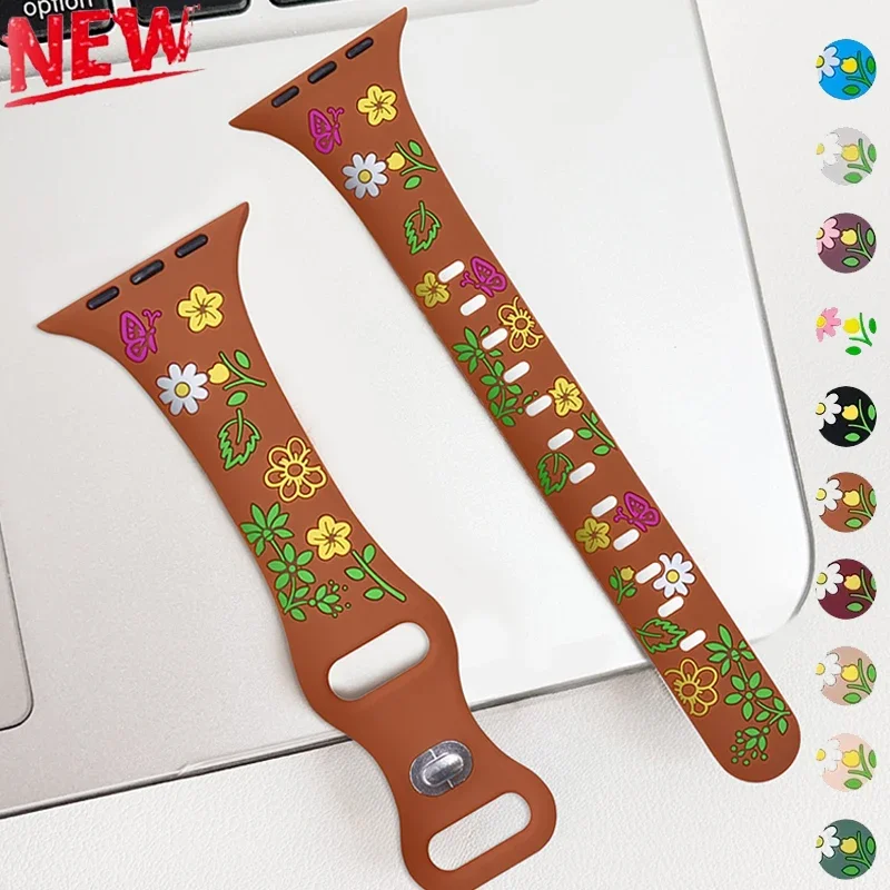 Engraved Floral Silicone Band for Apple Watch Ultra 49mm 46mm 45mm 40mm 41mm Slim Strap Bracelet IWatch Series 10 9 8 7 6 5 4 SE