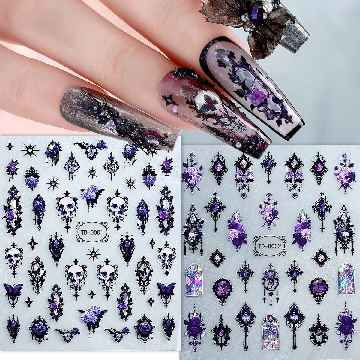 

2pcs 3D Black Purple Halloween Nail Stickers Gothic Skull Rose Butterfly Nail Decals for Festival Nail Decor Manicure Sliders