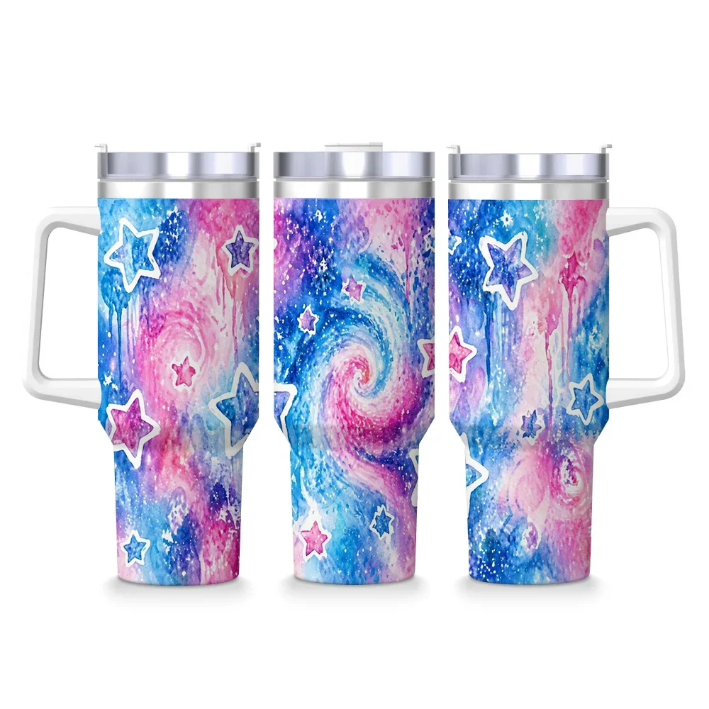 Watercolor Pink Blue Galaxy Star Swirl Print 40oz Insulated Tumbler Stainless Steel Travel Cup With White Handle