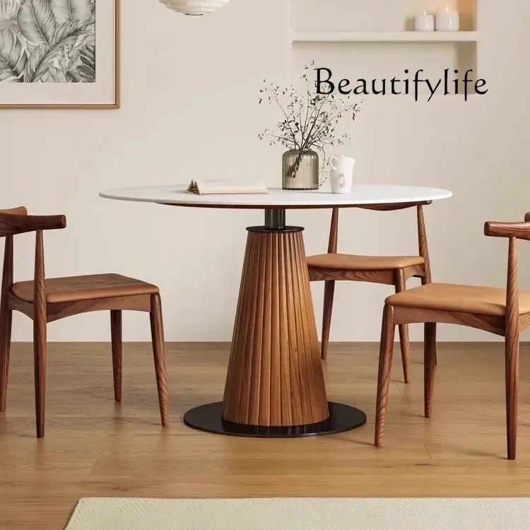 

N Nordic solid wood rock slab round table small apartment modern simple retro design household round dining table