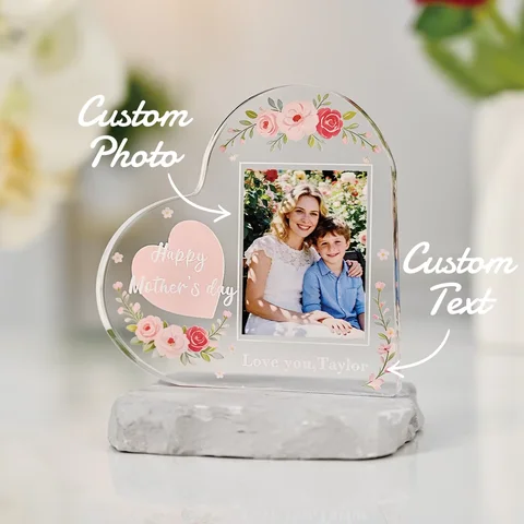 Custom Heart Shaped Acrylic Photo Plaque, Personalized Photo & Text Floral Frame Keepsake, Mother's Day Desktop Decoration Gift