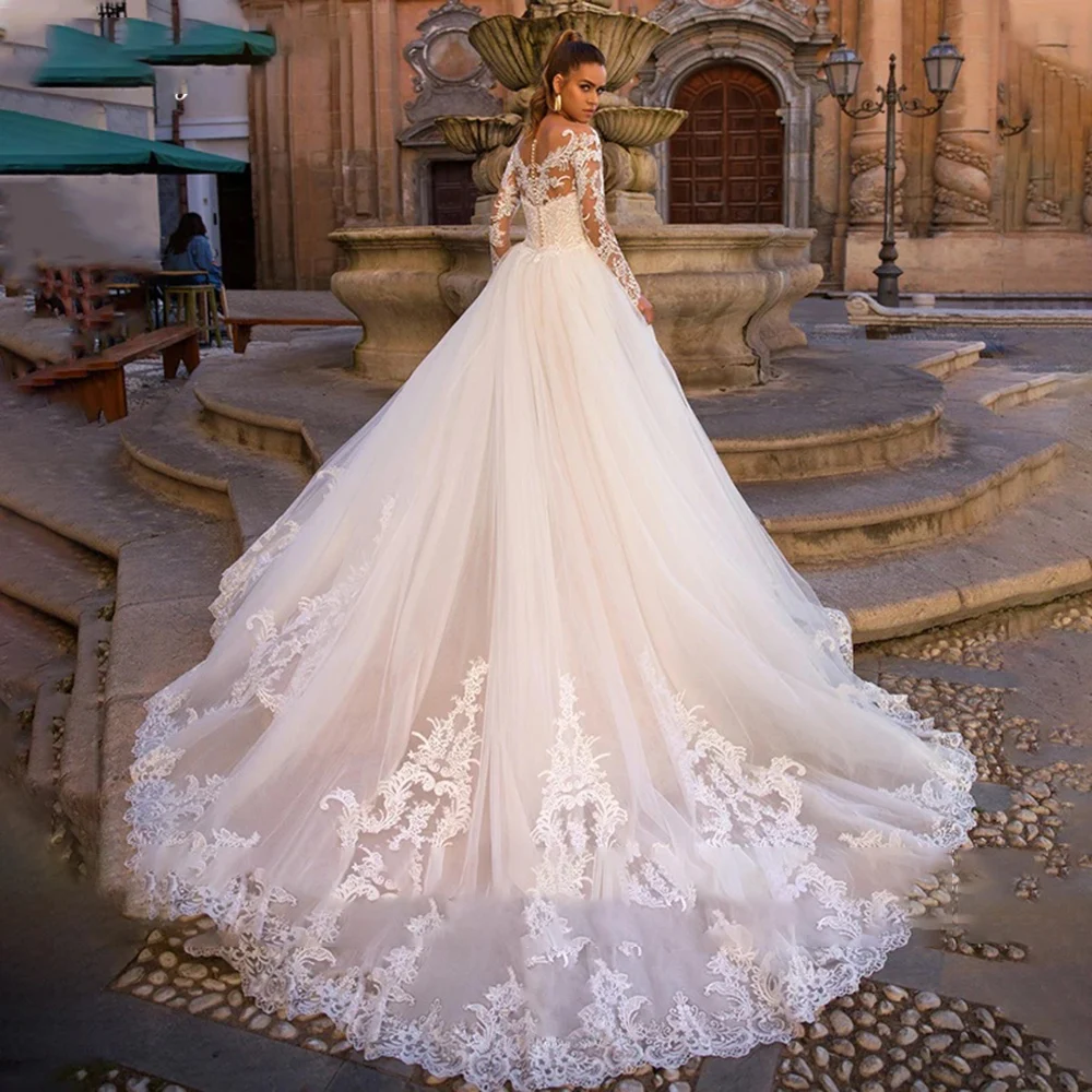 Vestido de novia de sirena de lujo, vestido de novia de tul de manga larga con cuello redondo personalizado, vestido de matrimonio de encaje desmontable 2024