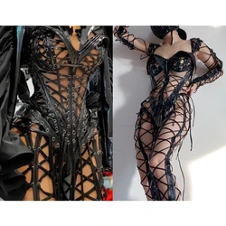 Female Singer New Black Bandage Hollow Jumpsuit Bodysuit Prom Party Outfit Nightclub Stage Show Performance Wear