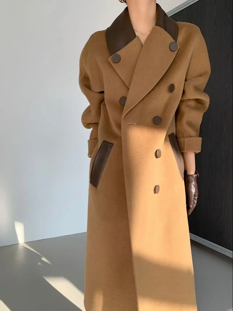 Sheepskin Spliced Double Sided Cashmere Coat Women Autumn Winter 2023 New Tailored Collar Long Sleeve Lace Up Mid Length Outwear