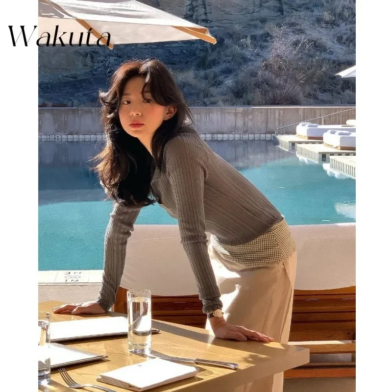 WAKUTA Korean Retro V-neck Long-sleeved Stretch Knit Sweaters Fall Fever Blogger Ins The Same Slim Threaded Pullovers 여성 반팔 니트