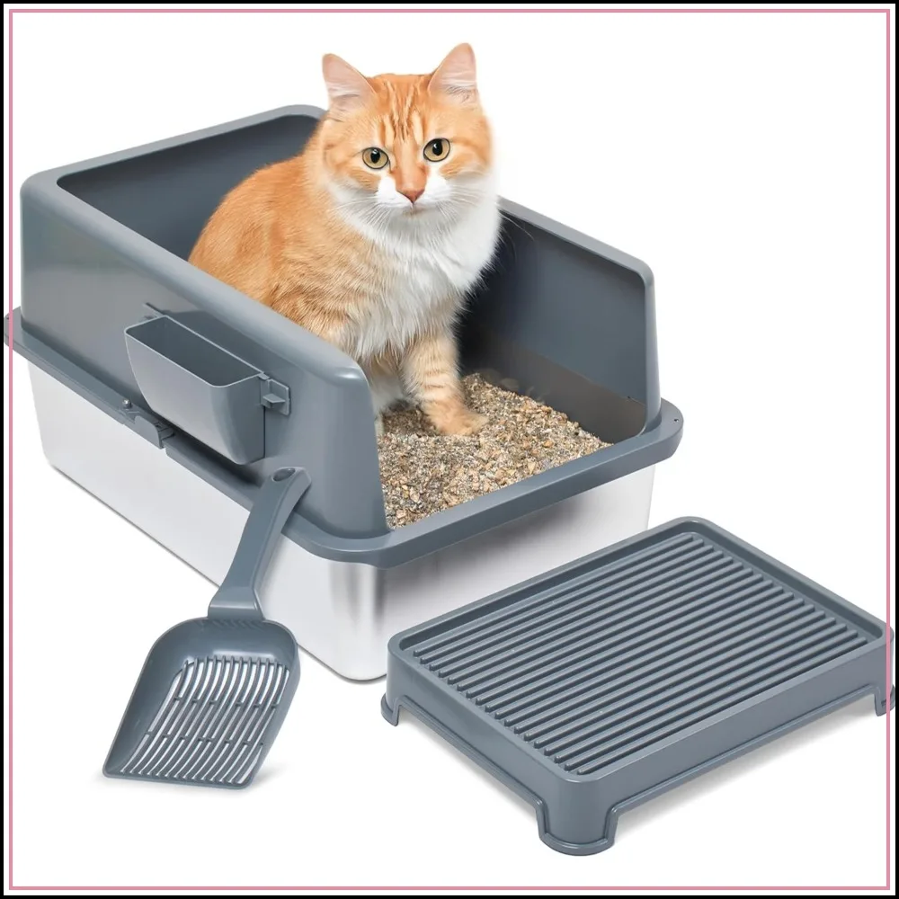 Premium XL Stainless Cat Litter Box with Enclosure, Scooper & Elevated Mat - High Sides, Easy Clean, Scratch Proof
