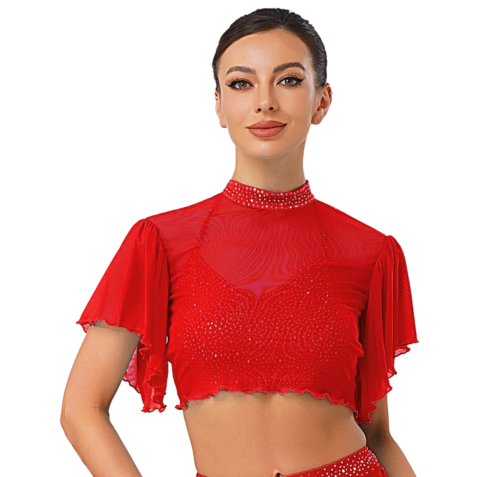 Damski top do tańca brzucha z dżetami, krótki rękaw, przezroczysta siateczka, krótki kardigan do baletu i występów nowoczesnych