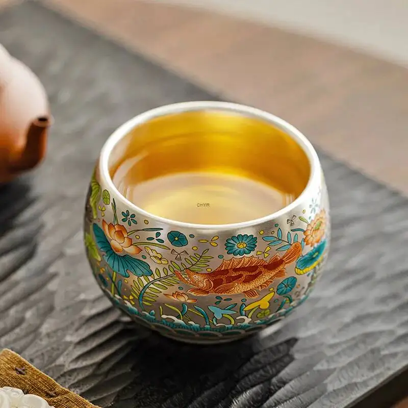 Chidori Fish Pattern Gilded Silver Master Cup Ceramic Silver-plated Tea Cup Enamel Large Capacity Tea Bowl Single Cup Tea Cup