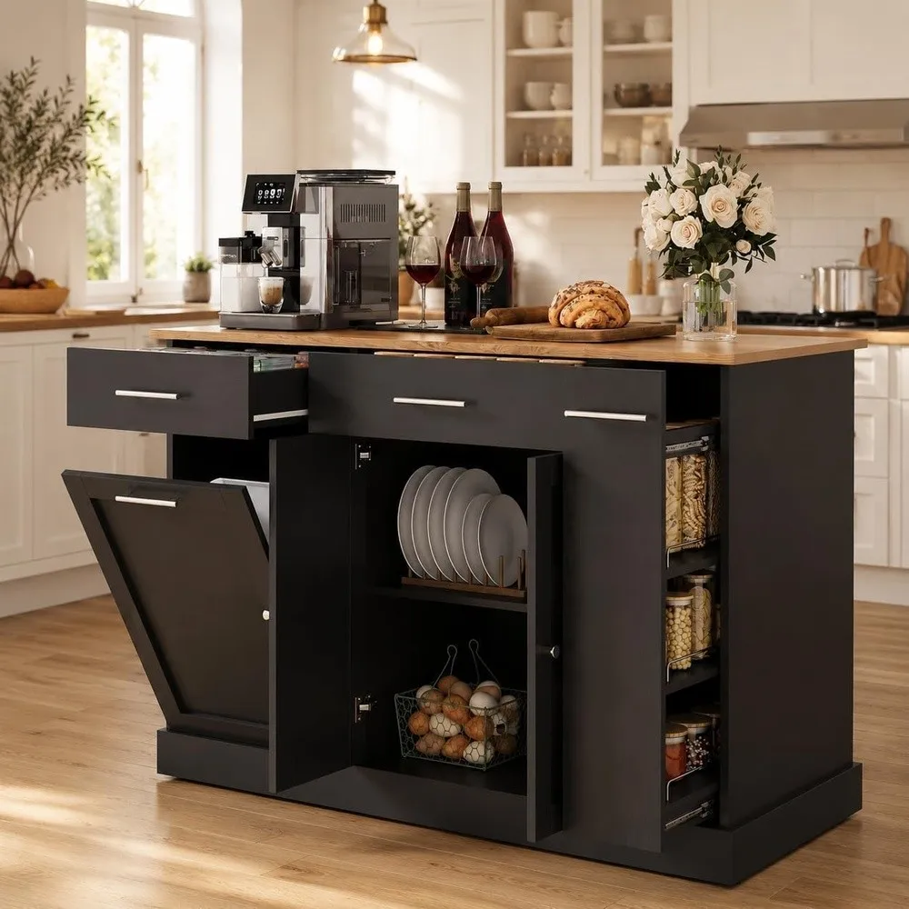53 Inch Kitchen Island with Trash Can Storage Rolling Island Table Black