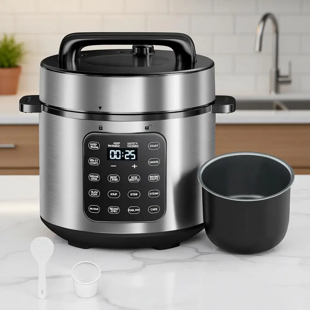 

6 Qt 9-in-1 Programmable Pot with IMD Touchscreen, Rice Cook, Slow Cook, Steam, Sauté, Warm, 16+ Safety Features, 1000W Silver