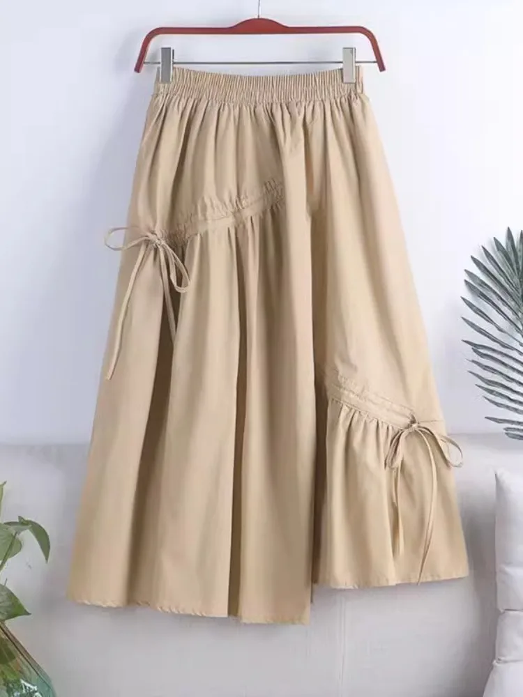 

High Waist A-Line Midi Skirt Summer 2024 Women's Slimming Asymmetrical Tie Belted Fullness Half-length Ins Style plus Size