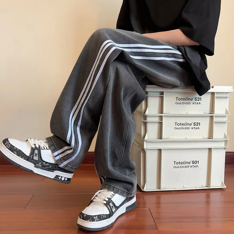 

American Sle Men's Jeans Spring Autumn Side Stripe Straight Leg Retro Trend Casual Long Pants Wear Resistant Loose Fit