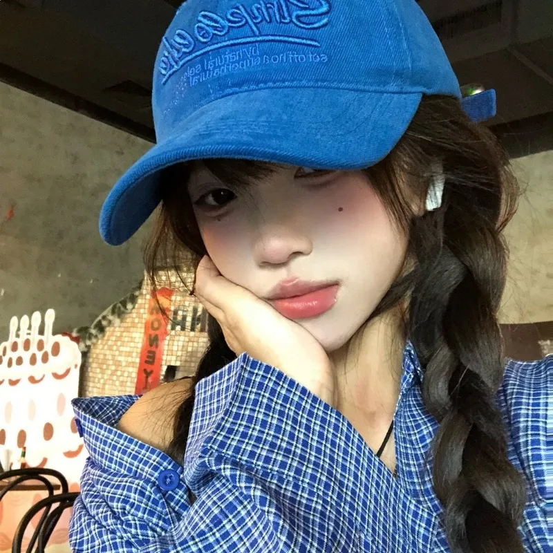 Baseball Cap for Women Large Head Circumference Small Wide Brim Letter Embroidered Versatile Blue Sun Protective