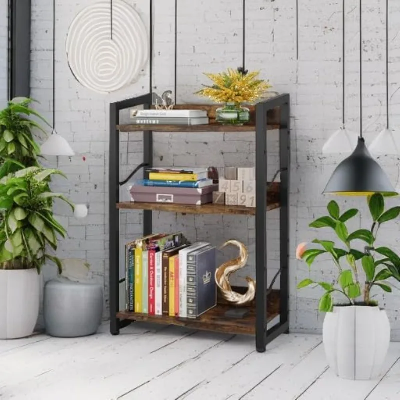 Book Shelf Small Bookshelf: 3-Tier Wood Bookcase Industrial Bookshelf with Edge Protection Metal Narrow Bookcase Storage