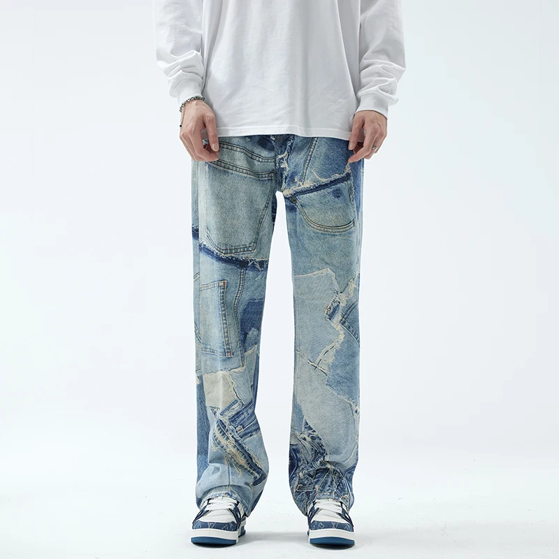 Jeans Men's Street Trend Fashion Loose Washed-out Straight Stitching Design Handsome High Street Wide Leg Leisure Pants