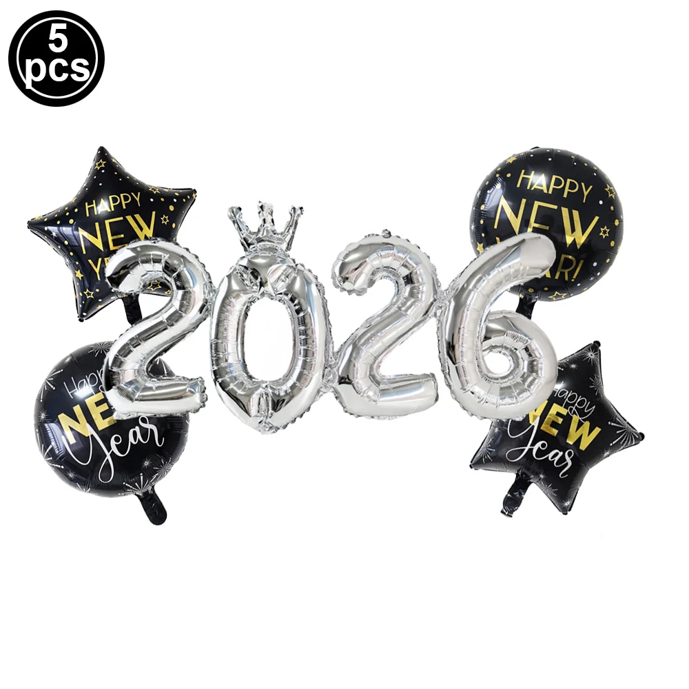 2026 مجموعة بالونات سنة جديدة سعيدة زينة بالون نجمة خماسية 2026 مجموعة بالونات أرقام لمستلزمات حفلات السنة الجديدة لعام 2026