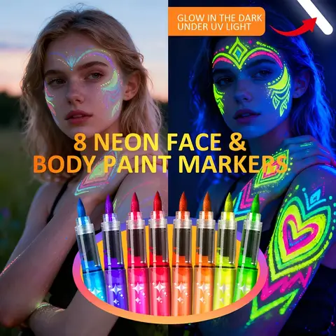 Marqueurs de peinture pour le visage et le corps, 8 couleurs UV néon, stylos d'art fluorescents qui brillent dans la nuit, outils de dessin pour maquillage de fête d'halloween