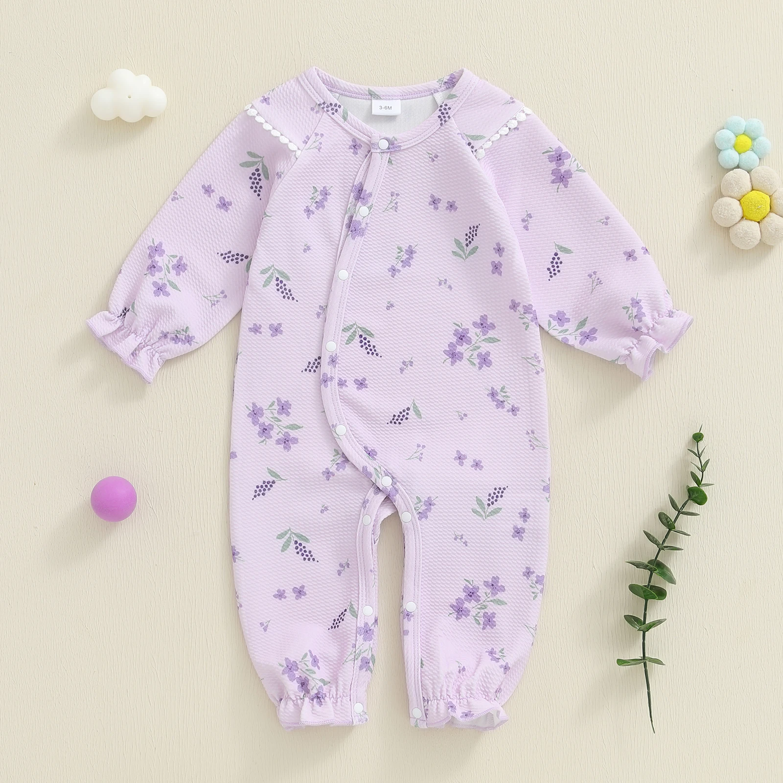 

Осенний комбинезон Blotona для маленьких девочек, повседневный комбинезон с круглым вырезом и цветочным принтом на пуговицах с длинными рукавами