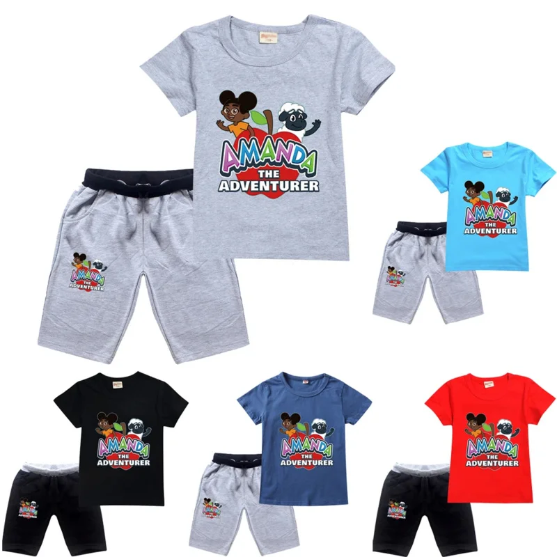 Kid Amandaing The Adventurer Set Boys Girls Short Sleeves Clothe Tee Suits Fashion Children Clothing Outfit 3D Print T-shirt Set