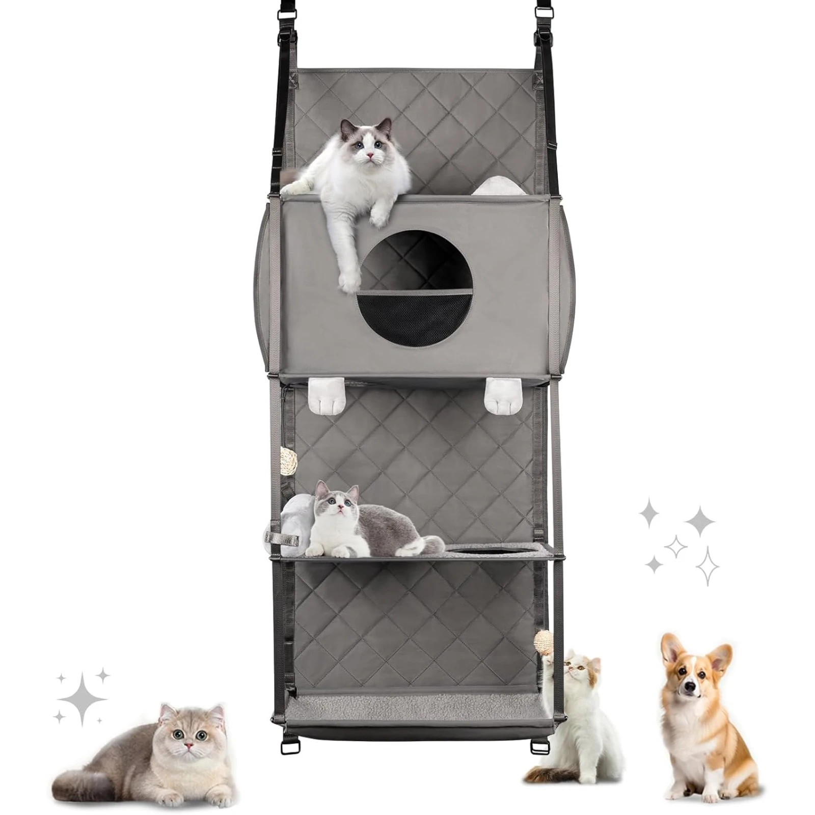 

US Hanging Cat Tree - Door Mounted Climber Cat Wall Cat Hammock for Indoor, Hanging/Elevated Bed - 4 Story with Removable Pillow