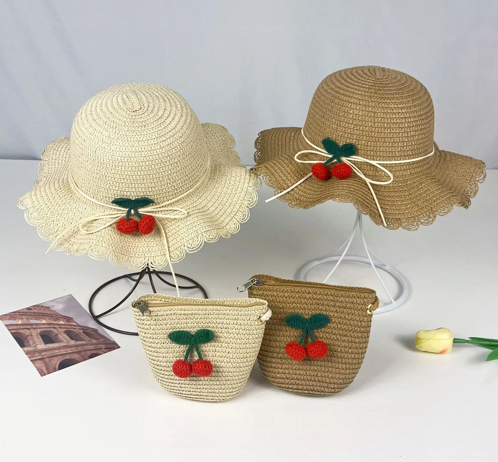 

Children Straw Hat + Shoulder Bag Summer Kids Girl Baby 2pcs Set Cute Cherry Bucket Hat For Outdoor Beach Holiday
