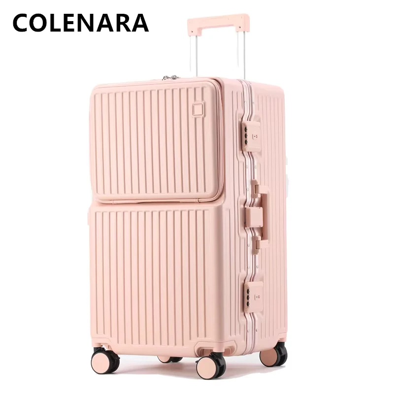 COLENARA walizka na kółkach męski otwór z przodu Laptop aluminiowa rama walizka na kółkach 26 "28" 30" 32 Cal damski bagaż ABS + PC