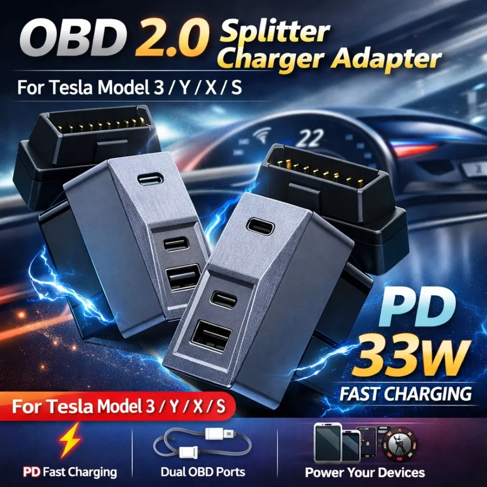 OBD Splitter Adapter for Tesla Model 3 Y X S Port Extender PD Fast Charging USB Charger for Phone Car Accessories