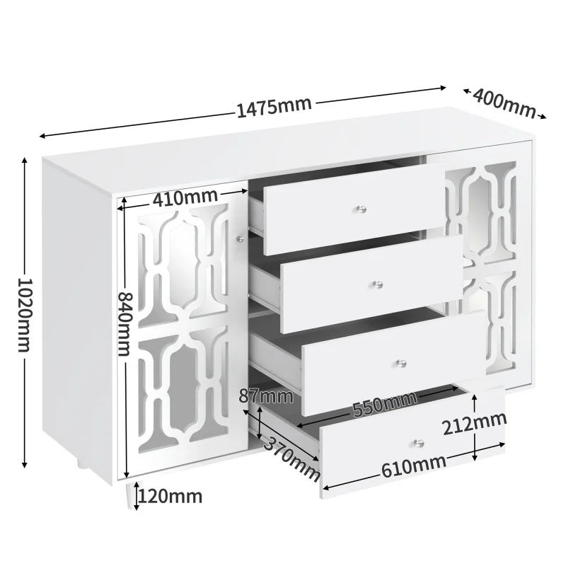 خزانة بيضاء عاكسة خزانة خزانة خزانة خزانة عرض موقف مع مقابض كريستال باردة لغرف المعيشة وغرفة الطعام 147.5x40x102 سم