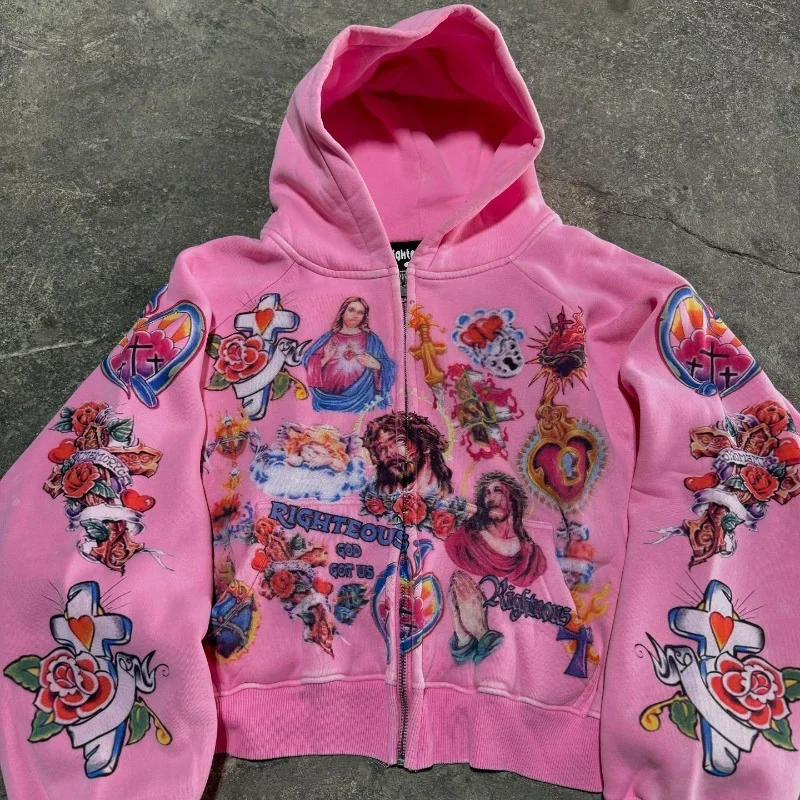 Sudadera con capucha holgada con estampado Retro para mujer, ropa de calle gótica, Rock, Harajuku, ropa deportiva con cremallera