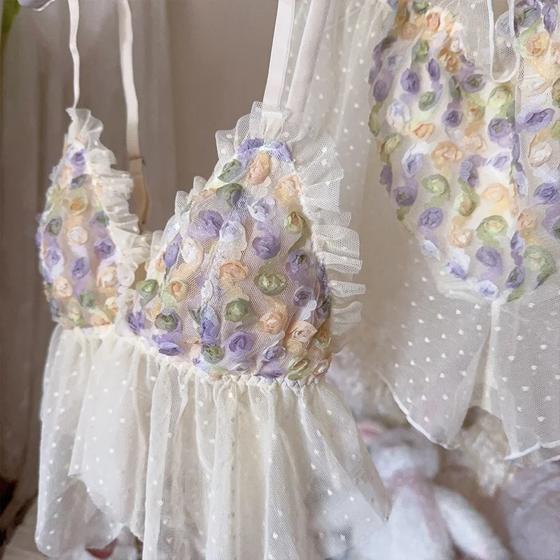 Three-dimensional rose flowers lingerie sexy lace mesh pajamas home wear suit suspenders with bra pads women underwear