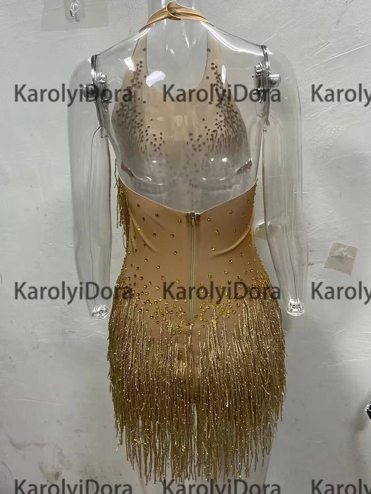 Sparkly Gold Tassel Rhinestones Glisten Beads Bodysuit Bar Dj Singer Dancer One-Piece Outfit Costume Stage Performance Leotard