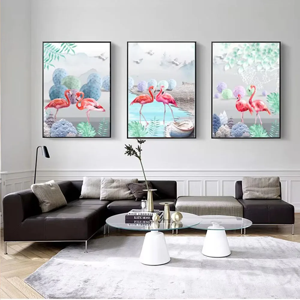 

3 pcs Forest Flamingo Colorful Tree and Green diy diamond painting Abstract Mosaic Cross Stitch Kits Living Room Bedroom decor