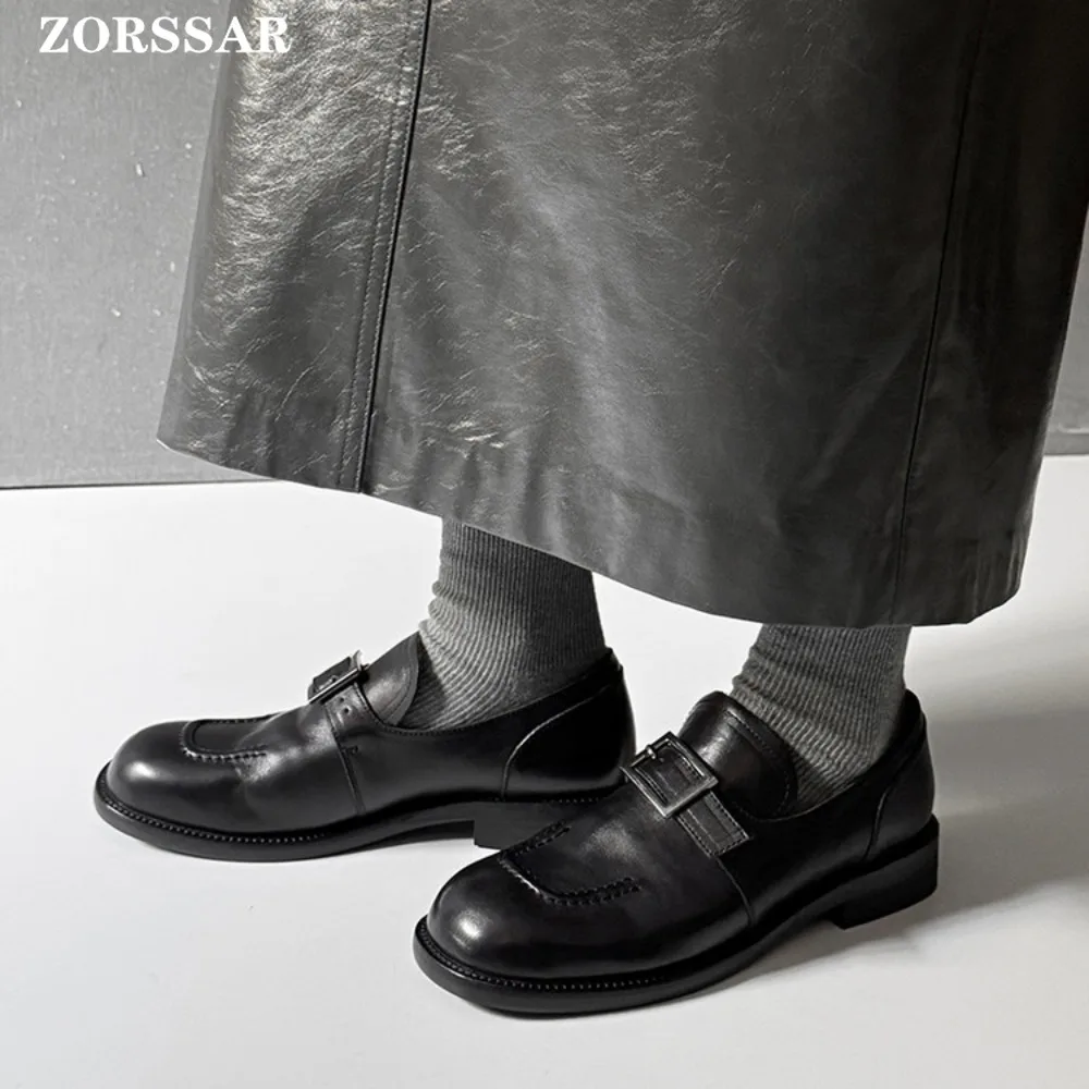 Loafers Women Square Toe 2026 Spring New Genuine Leather Ladies Flats Shoes Slip-on Vintage Buckle Classic Spring Shoes Women