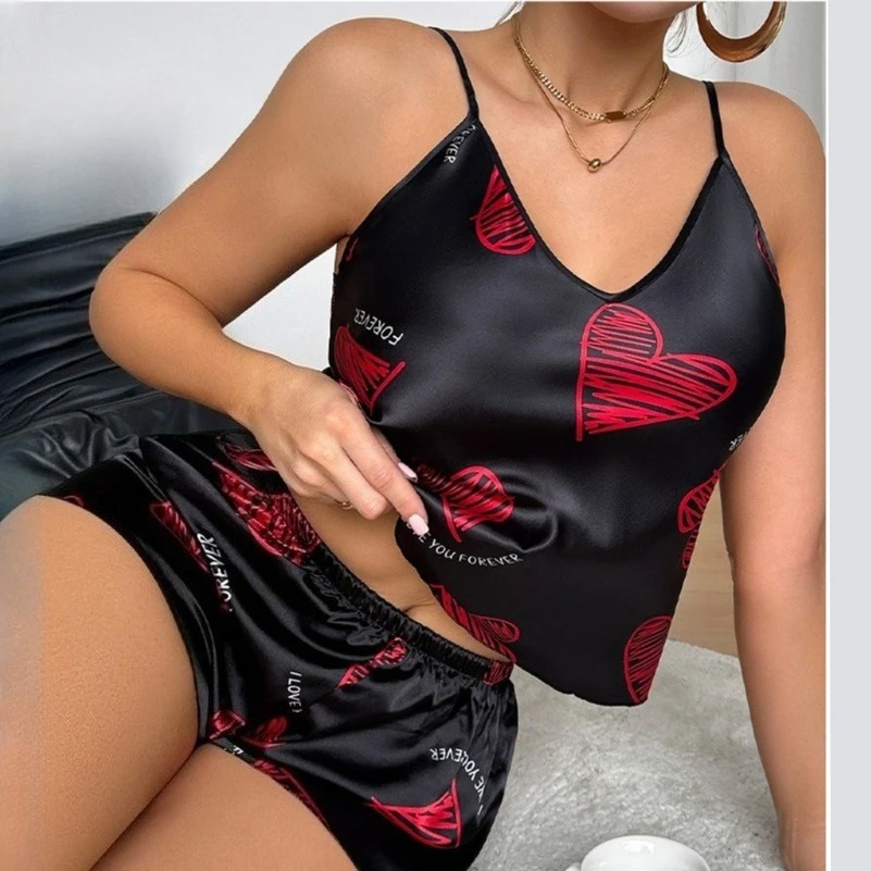 

Summer Suspender Pajamas Set Sexy Strap Top&shorts Pijamas Sleep Suit Print Lingerie Women Silky Satin Sleepwear Home Clothes
