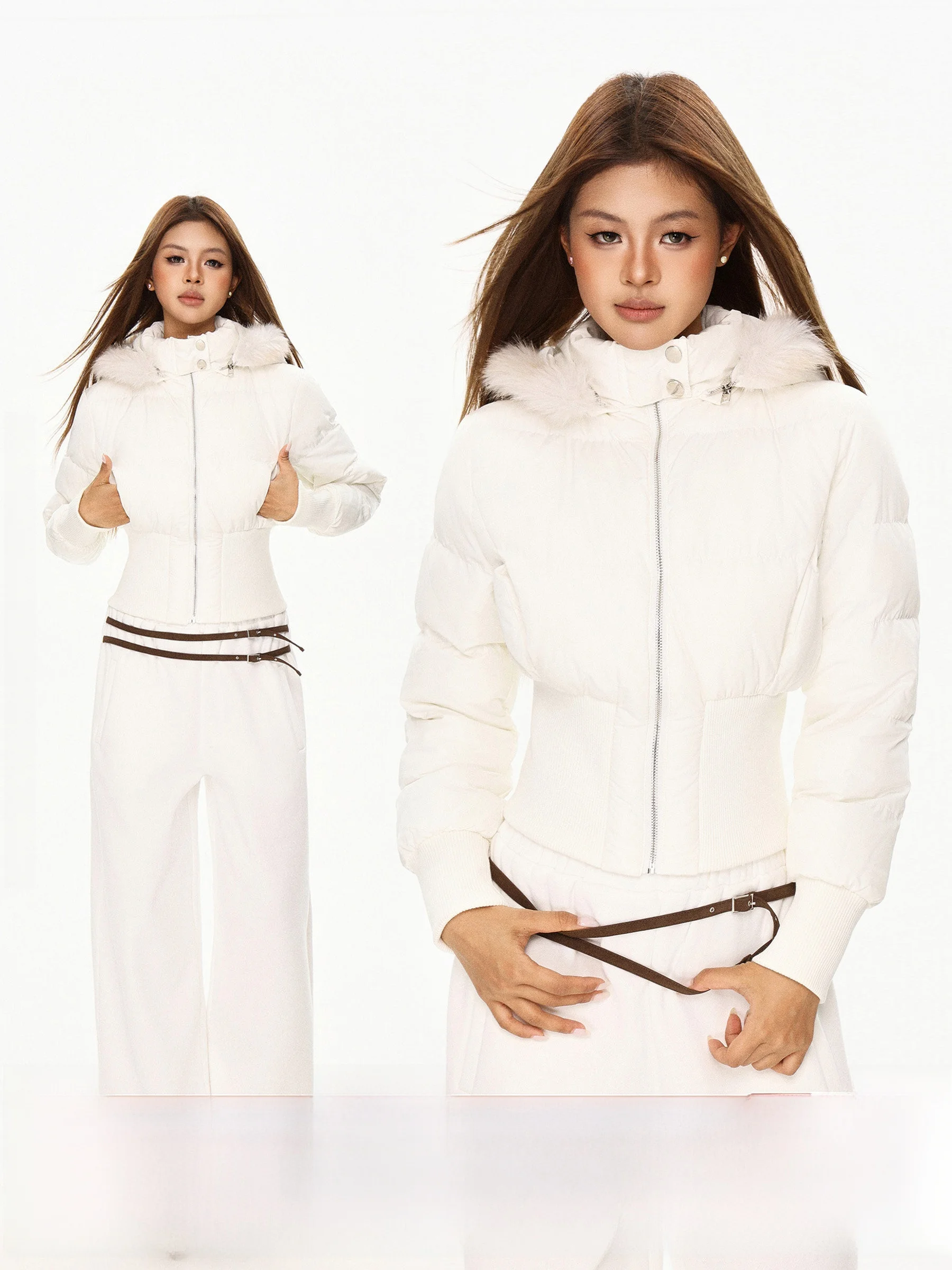 

Теплая зимняя хлопковая куртка с капюшоном и меховым воротником для женщин, повседневная верхняя одежда IYUE, белая, весна 2026, винтаж...