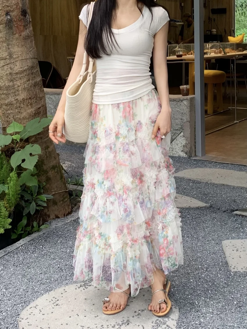 

Alien Kitty Summer Florals Cake Skirts Women Daily Sweet Girls 2025 Gentle New Casual High Waist Slim Loose Fashion Printed