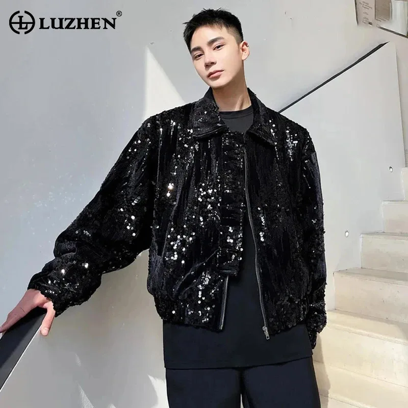 LUZHEN Sequin Patchwork Men\'s Jacket Fashion Street Wear Lapel Short Coat 2024 Autumn New Zip Male Trendy Korean Clothes LZ2317