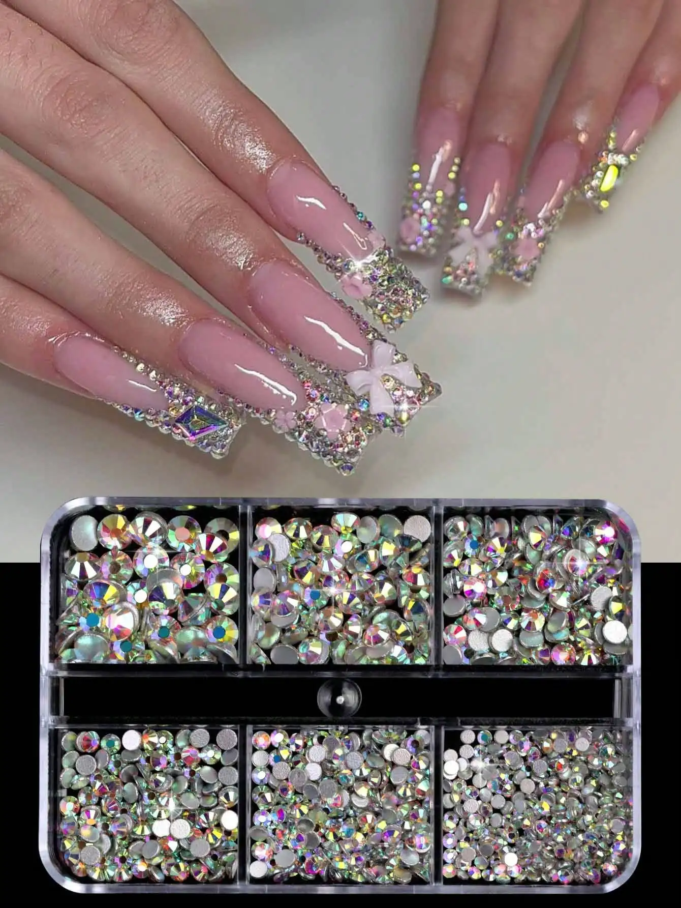 

6 Grids Kit Nail Decoration Mix Size Nail Diamond Flatback Rhinestone Glue Strass Diy Bling Stickers Skin Non Hotfix Crystals