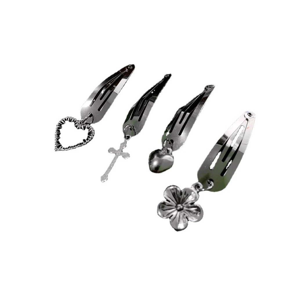 New Fashion Punk Hair Card Silver Metal Edge Clip Cherry Cross Love Flower Chain Hairpins One Word Clip Women\'s Headdress