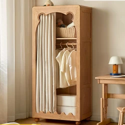 Armario de madera maciza para niños, armario europeo de haya, cortina simple, armario moderno y simple para el hogar