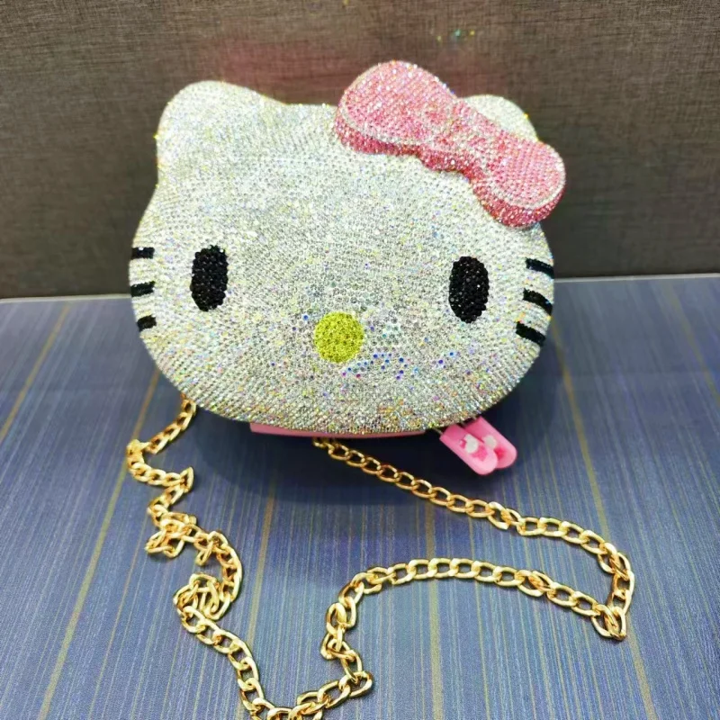 صندوق مجوهرات Hello Kitty مصنوع يدويًا للفتيات ، أحجار راين كريستال ، خاتم ، عملة ، سماعة أذن ، منظم تخزين ، حقيبة يد تجميلية ، هدايا للأطفال