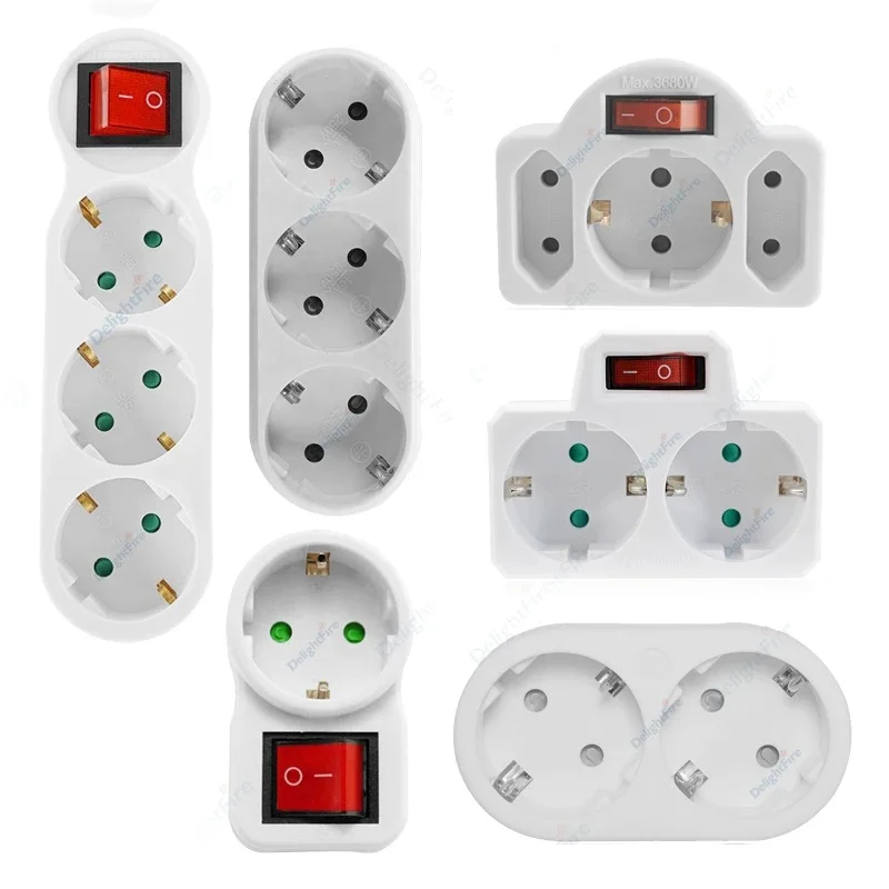EU Extension Socket ON/OFF Switch 16A 250V Standard Plug Adapter Conversion Sockets Germany Plug 1 to 2 or 1 to 3 Way AC Outlets