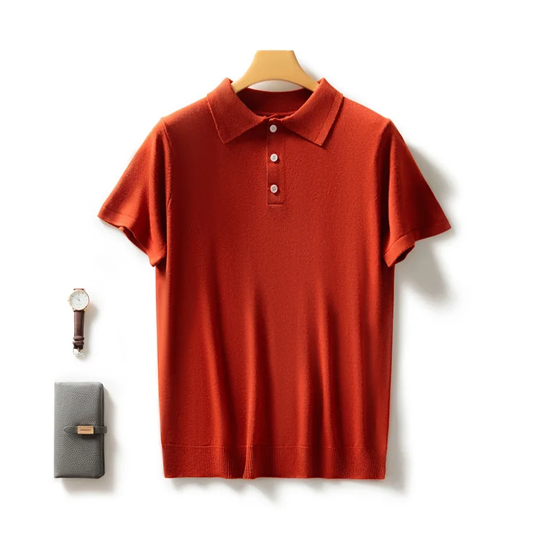 

100% камвольная шерсть, трикотажная рубашка-поло с коротким рукавом, тонкий модный повседневный свободный пуловер, футболка с половиной рукава